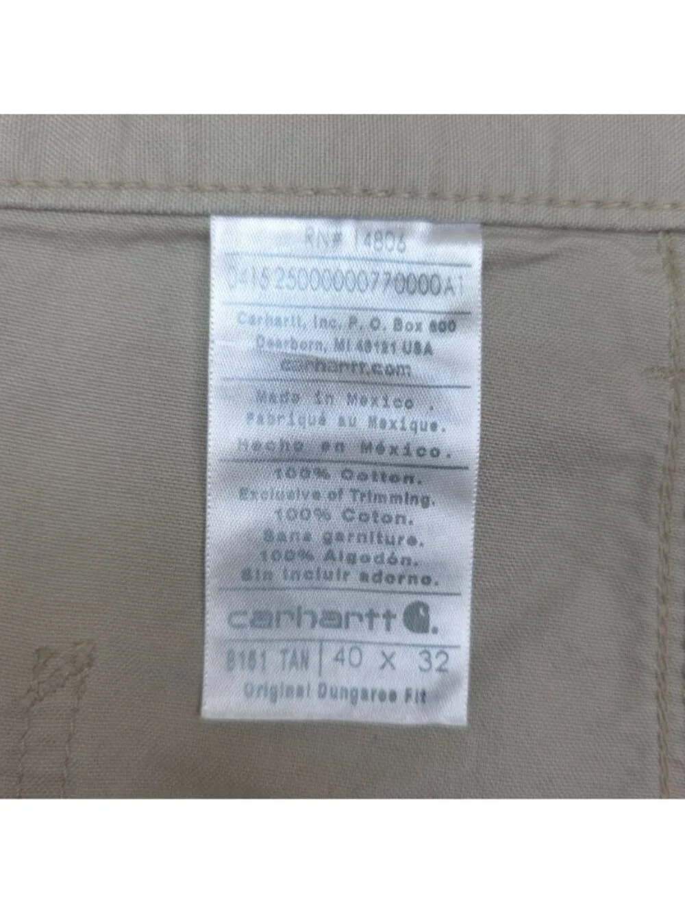 Carhartt Mens Tan Original Fit Dungaree Work Pants 40x32 100% Cotton
